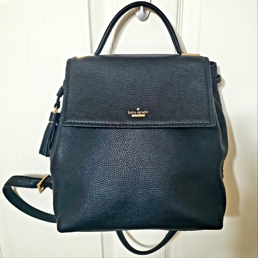 Kate Spade Small Backpack Black Pebbled Leather Gold Hardware Fringe Ties